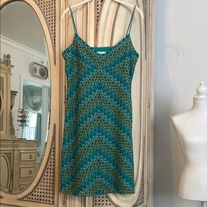 Ann Taylor LOFT Vintage Boho Crochet Teal Green/Yellow Slip Mini Sundress Dress